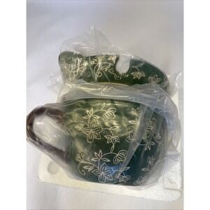 Temptations By Tara Floral Lace Mug Big 24 Oz Lid With Trivet Green